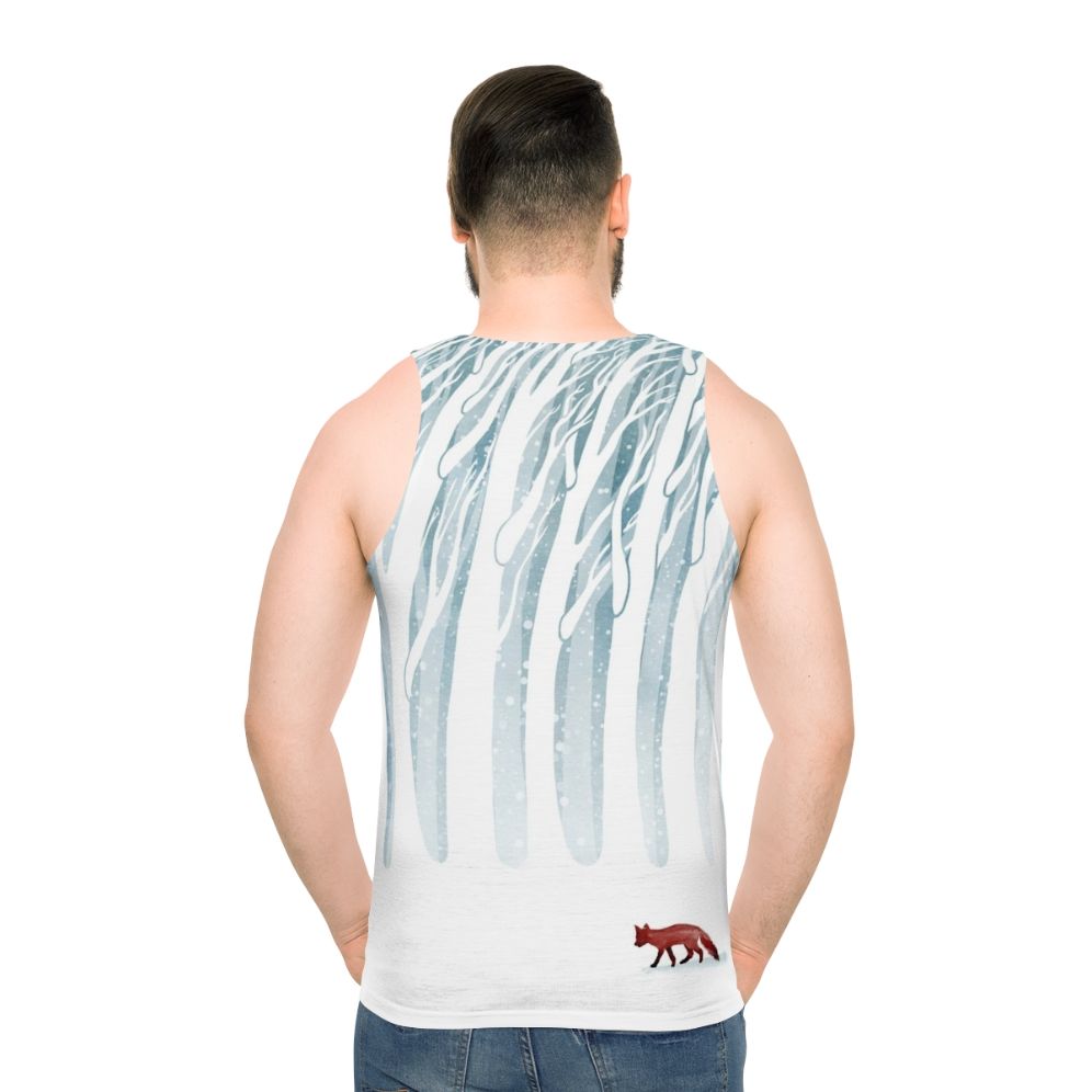Unisex tank top with a snowy forest and fox design
