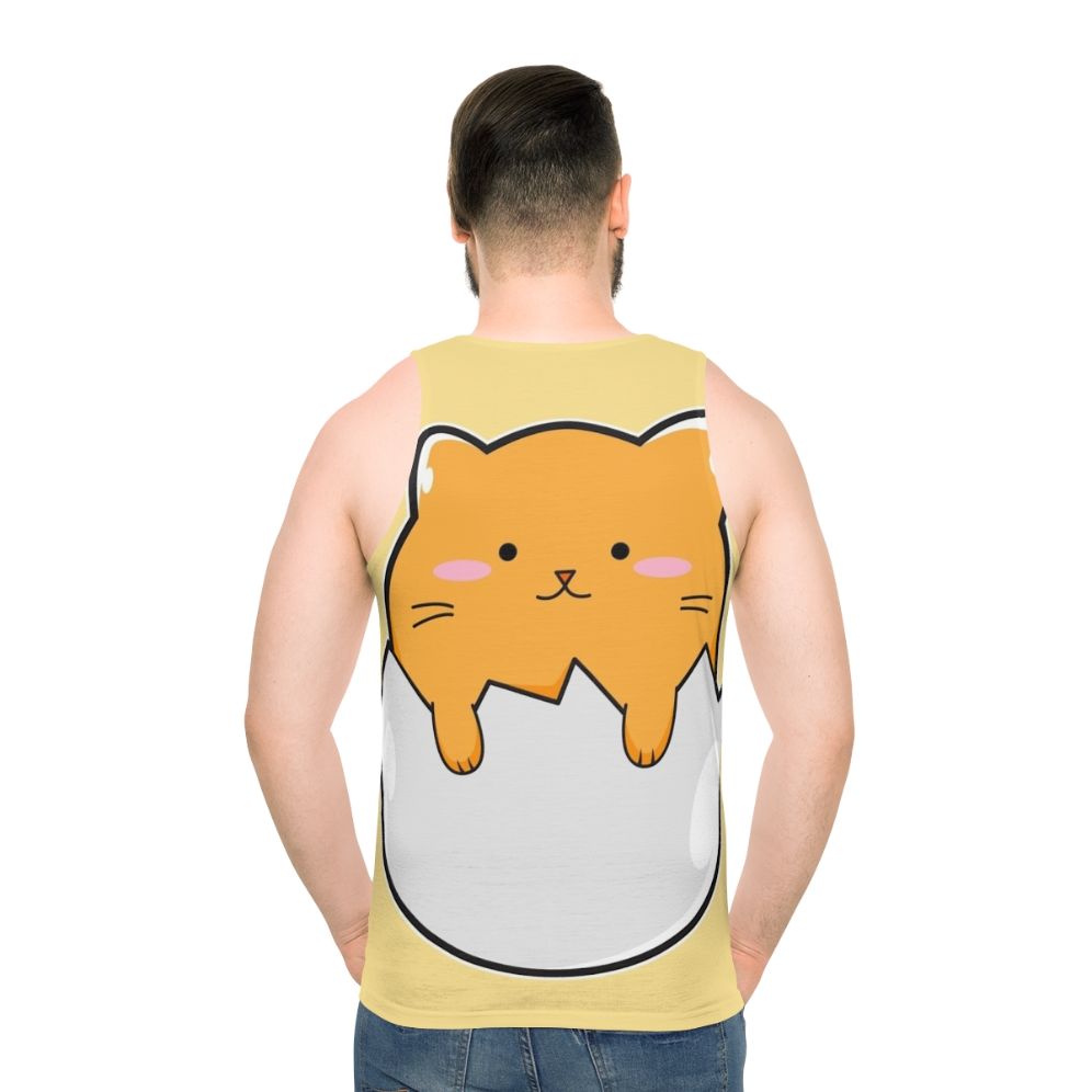 Unisex tank top with a vibrant yellow cat egg print design