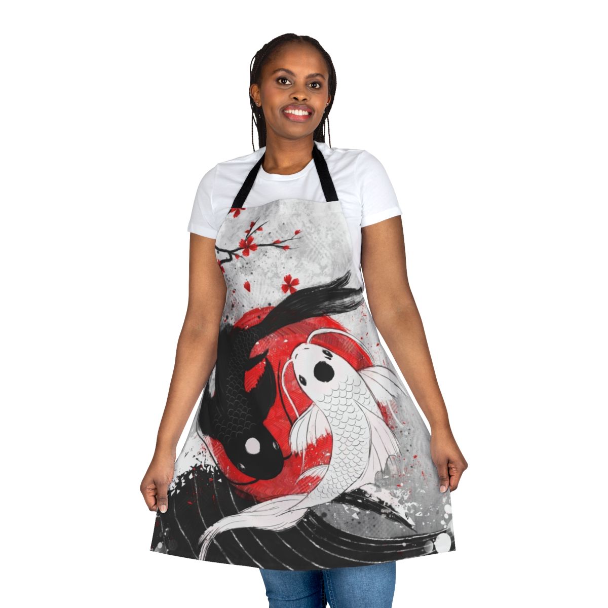 Yin yang koi fish design kitchen apron with black, red, and white colors