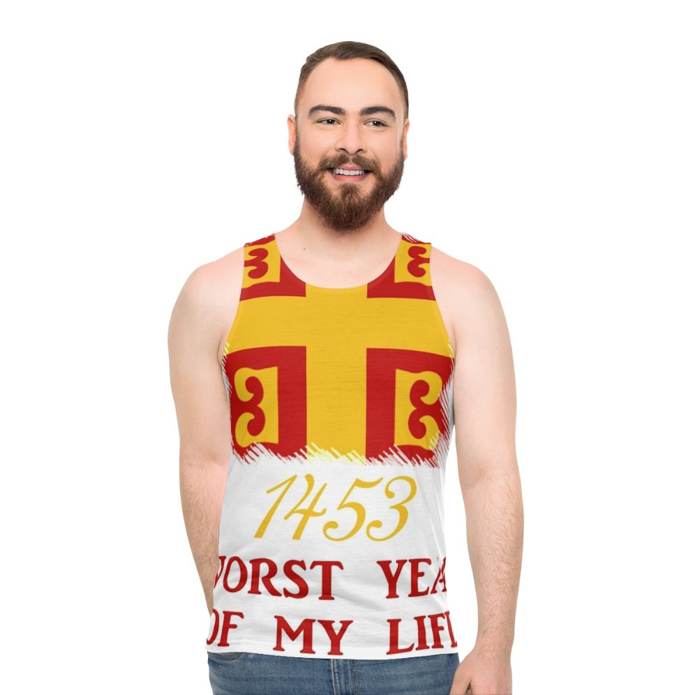 Unisex tank top with "1453: Worst Year of My Byzantine Life" design