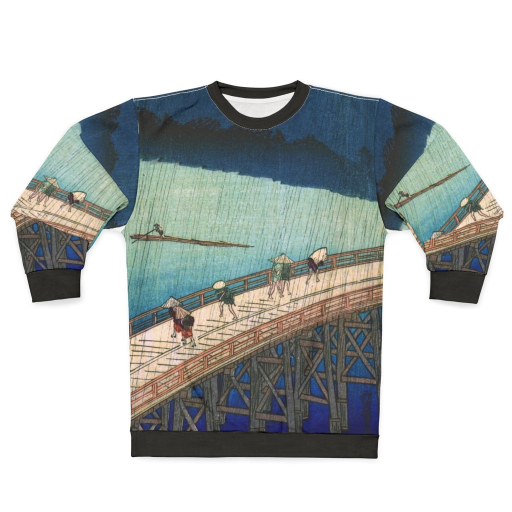 Japanese sweatshirt featuring Hiroshige's 'Sudden Shower over Shin Ohashi Bridge' ukiyo-e artwork
