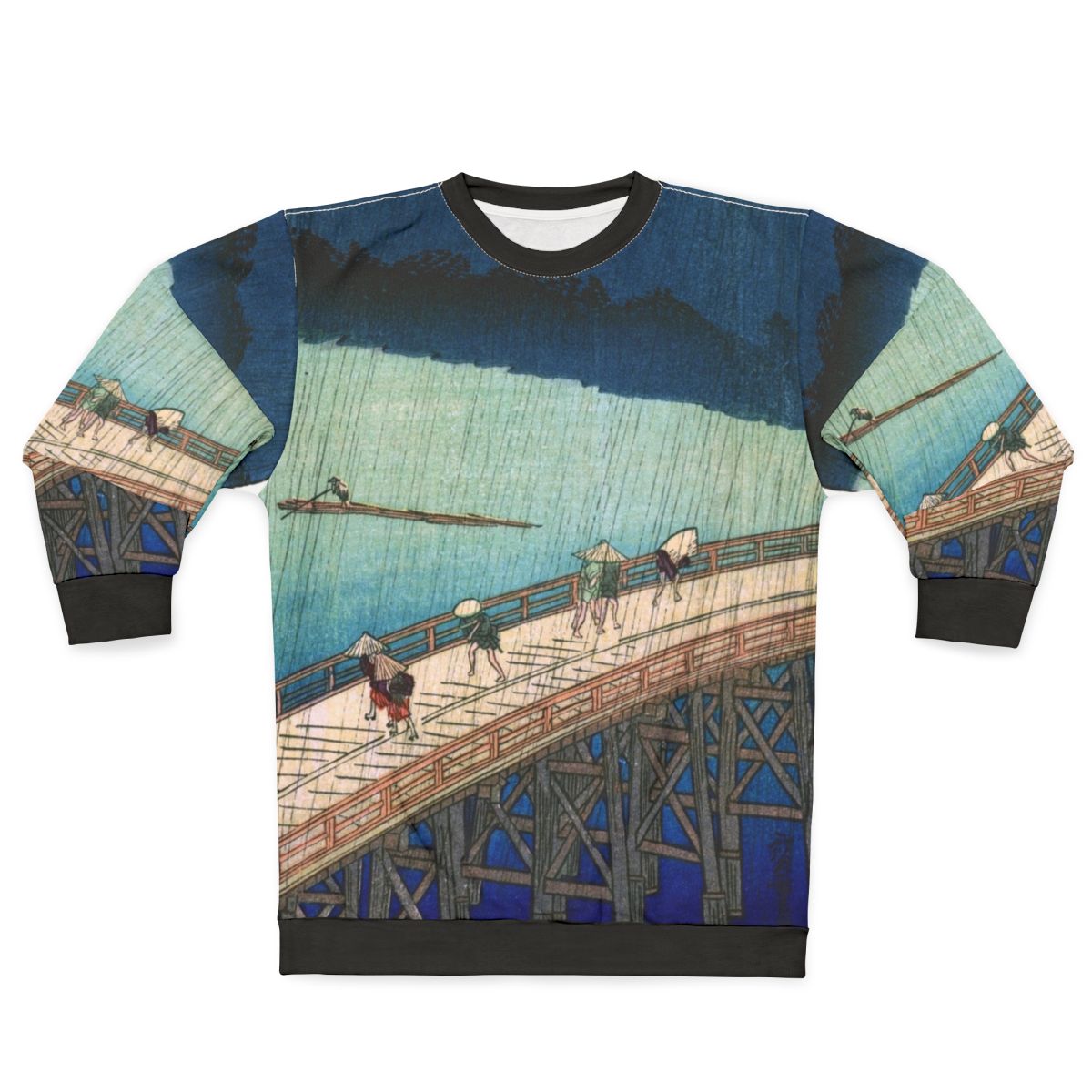 Japanese sweatshirt featuring Hiroshige's 'Sudden Shower over Shin Ohashi Bridge' ukiyo-e artwork