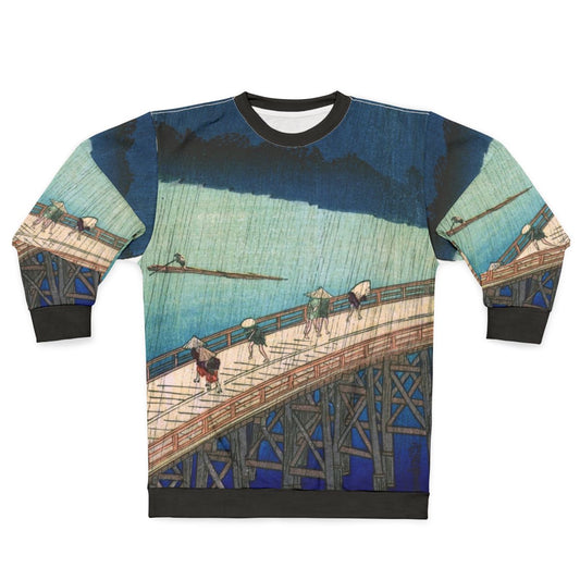 Japanese sweatshirt featuring Hiroshige's 'Sudden Shower over Shin Ohashi Bridge' ukiyo-e artwork