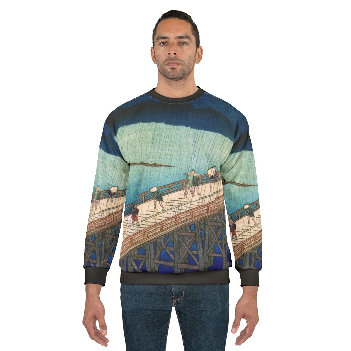 Japanese sweatshirt featuring Hiroshige's 'Sudden Shower over Shin Ohashi Bridge' ukiyo-e artwork