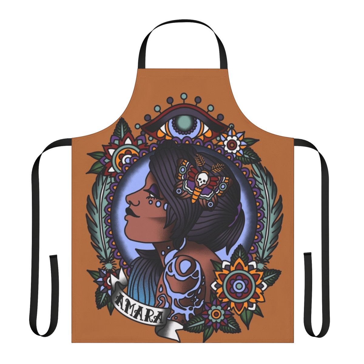 1920s tattoo style Amara portrait design printed on a high-quality apron