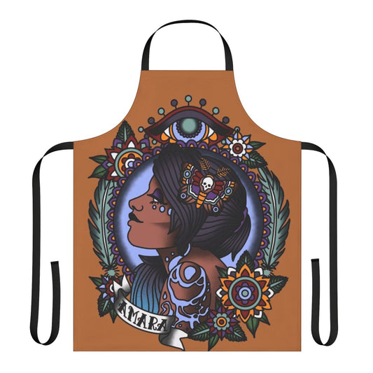 1920s tattoo style Amara portrait design printed on a high-quality apron