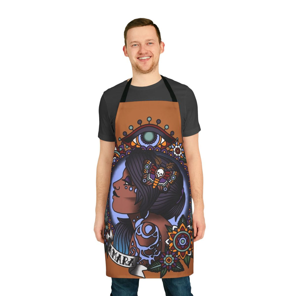 1920s tattoo style Amara portrait design printed on a high-quality apron
