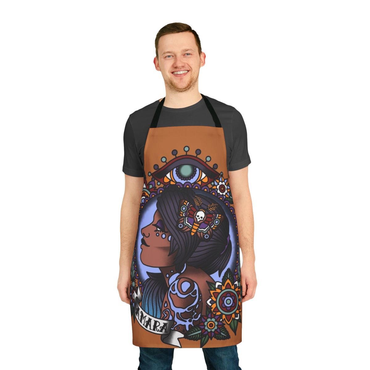 1920s tattoo style Amara portrait design printed on a high-quality apron