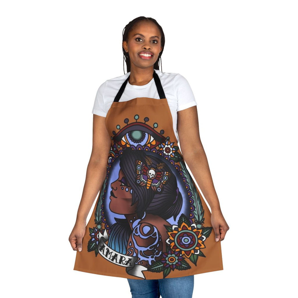 1920s tattoo style Amara portrait design printed on a high-quality apron
