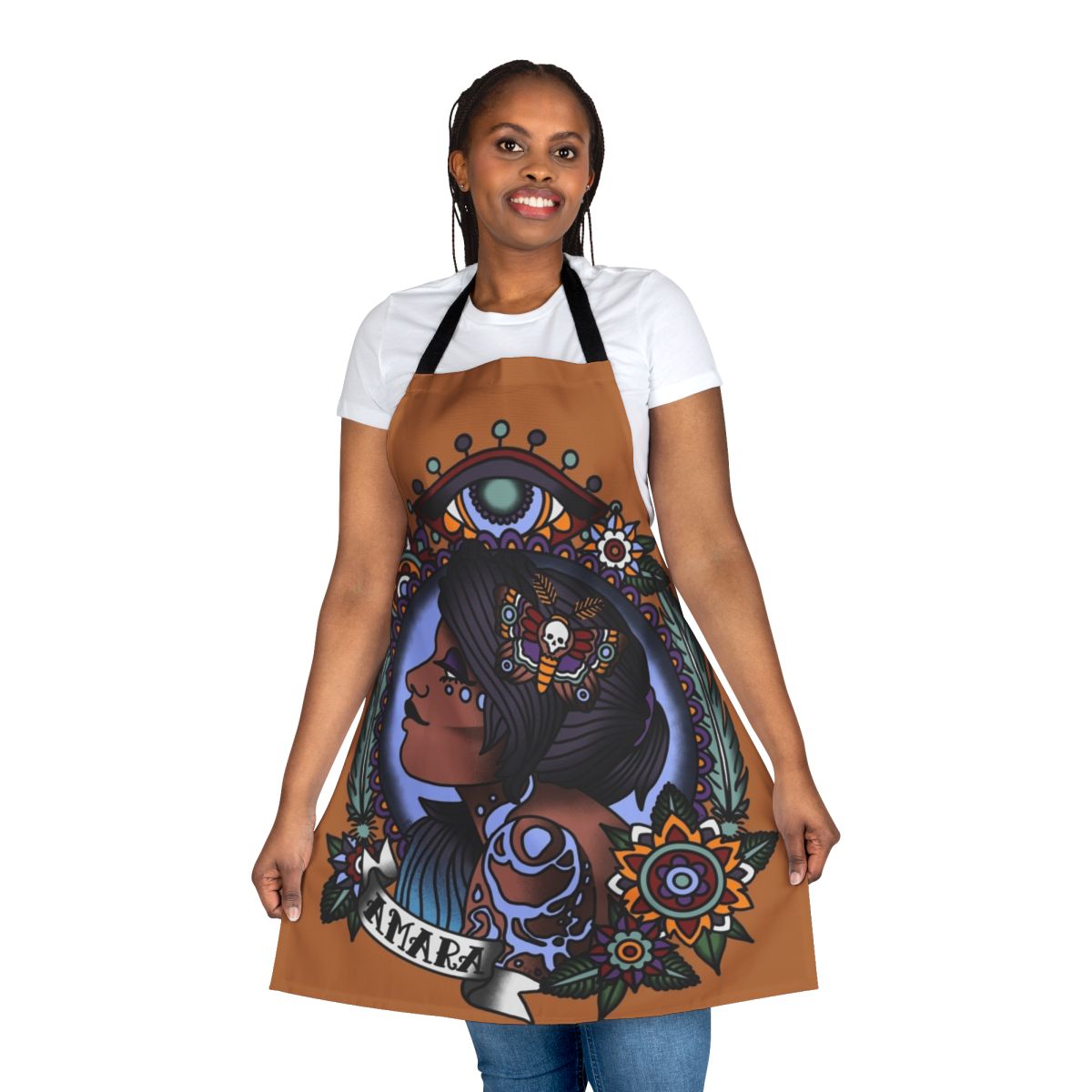 1920s tattoo style Amara portrait design printed on a high-quality apron