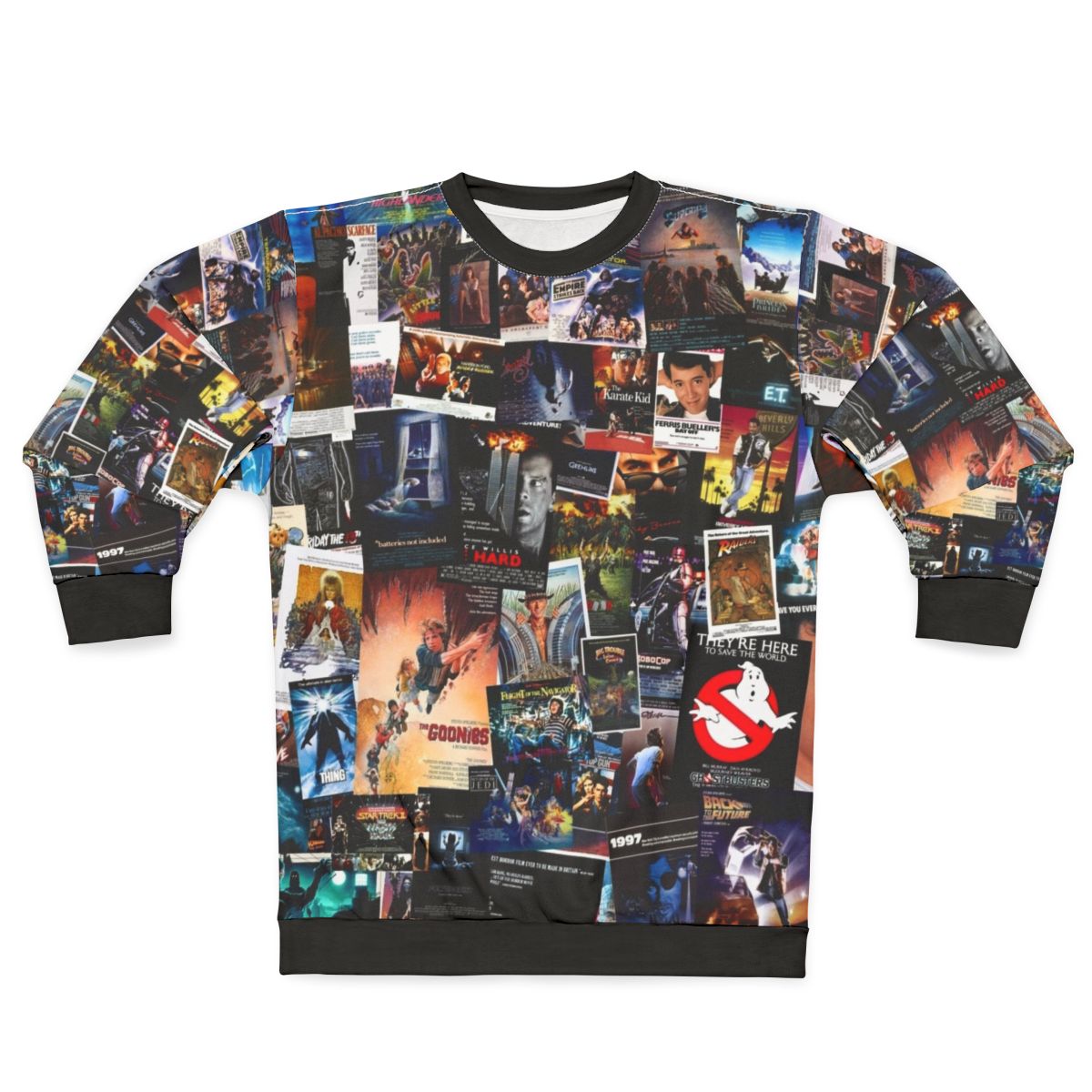Retro 1980s movie posters graphic on a cozy sweatshirt