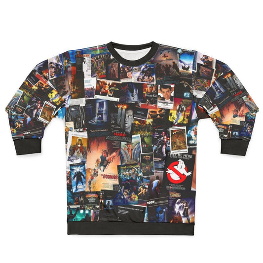 Retro 1980s movie posters graphic on a cozy sweatshirt