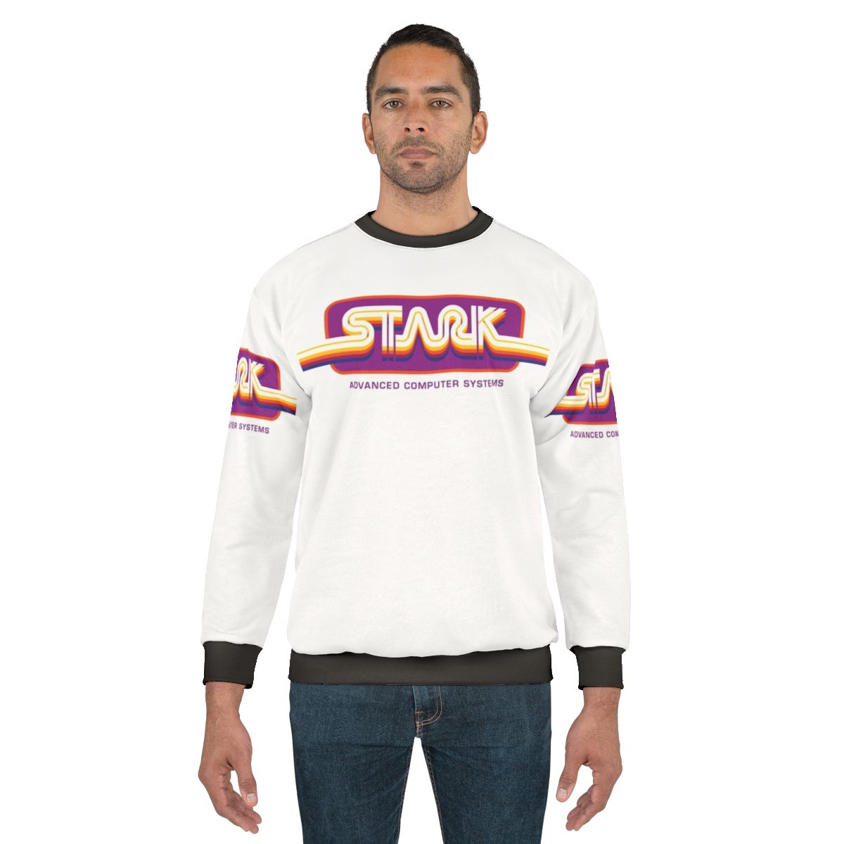 1980s Stark Technologies Computer Graphics Sweatshirt featuring retro gaming and Marvel elements