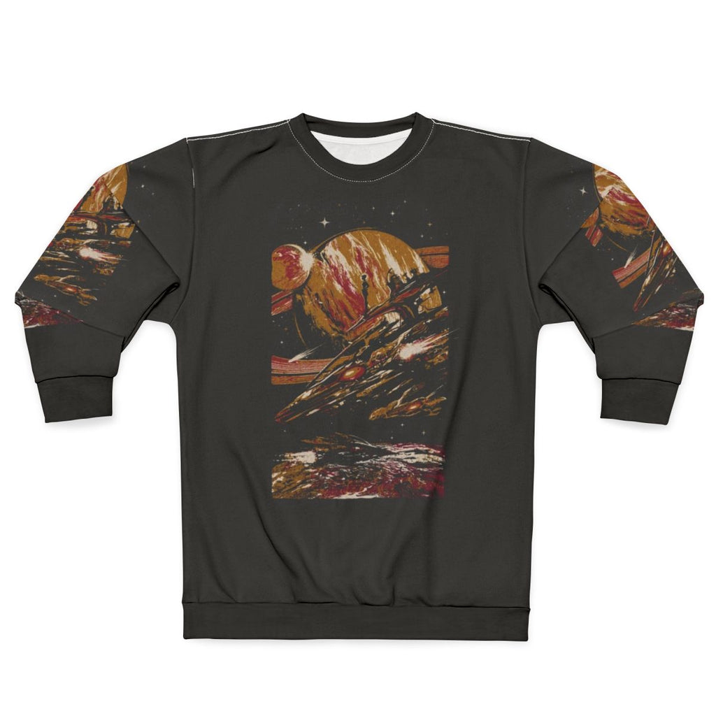 Futuristic sci-fi sweatshirt with galaxy, stars, and celestial design