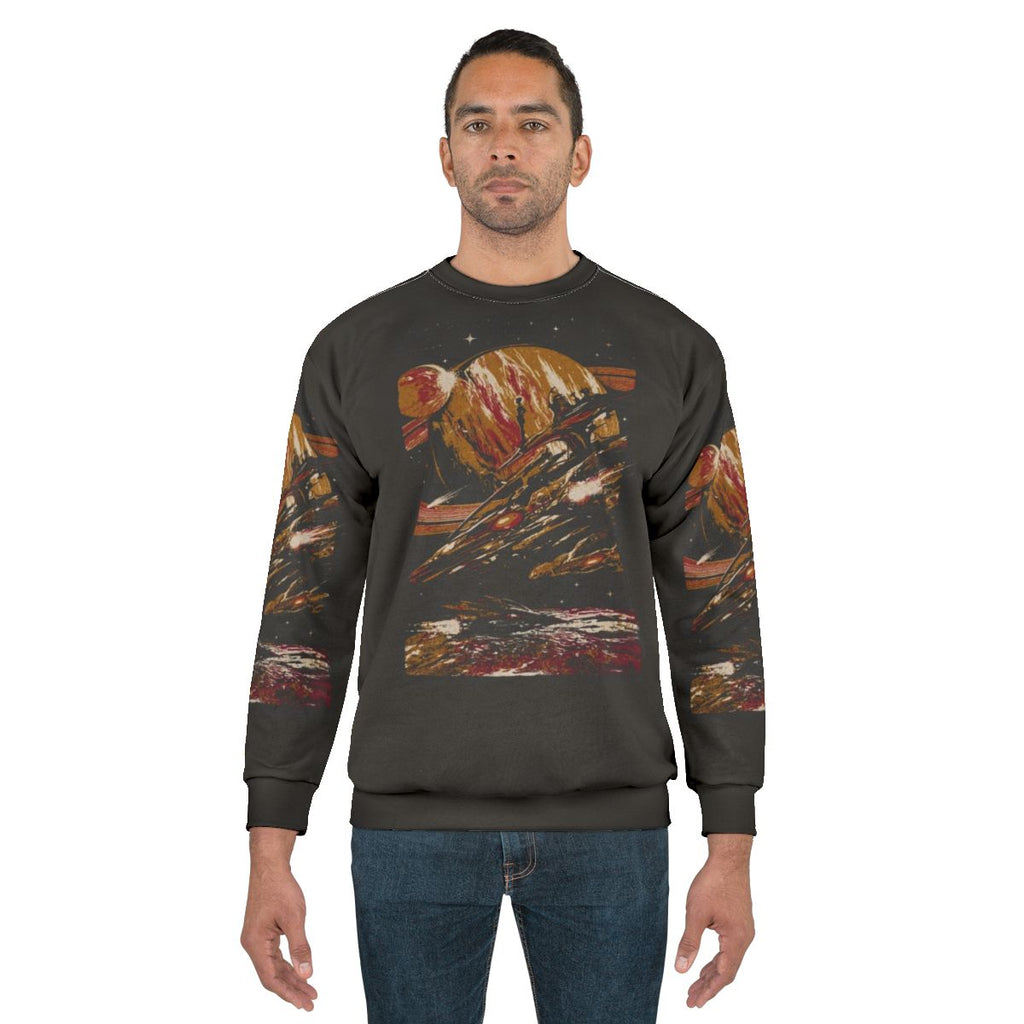 Futuristic sci-fi sweatshirt with galaxy, stars, and celestial design