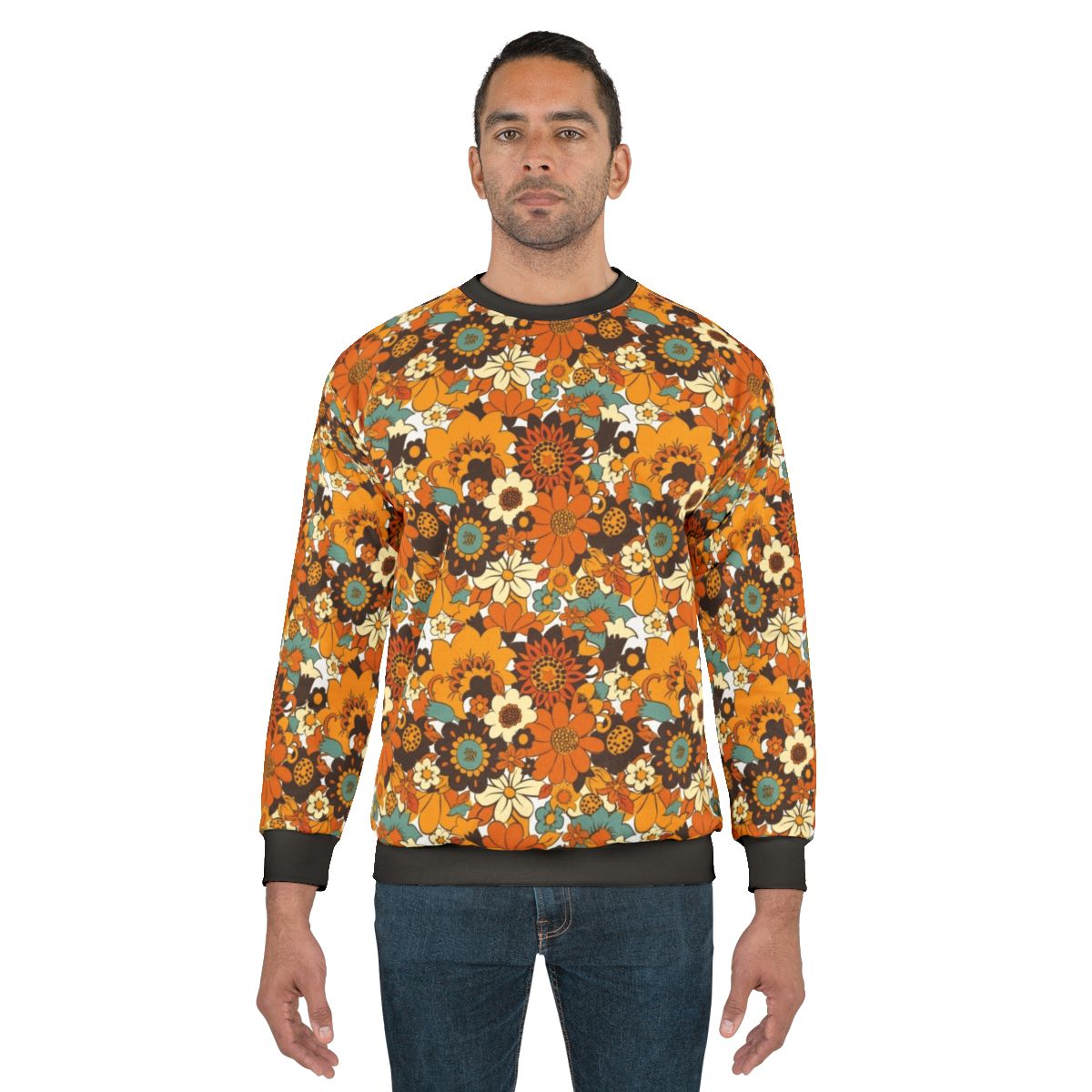 Retro flower power sweatshirt with 70s 60s floral pattern