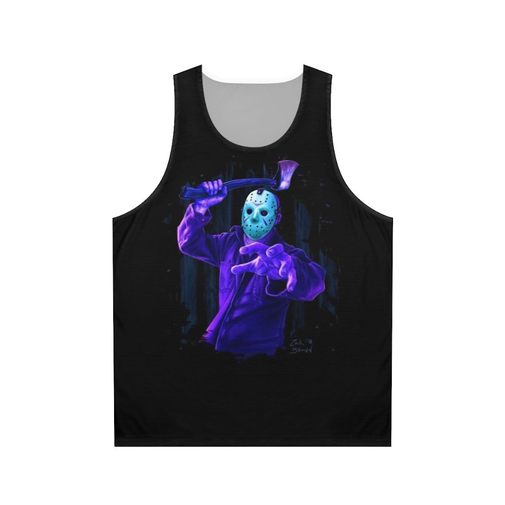 8-bit horror movie inspired unisex tank top with Jason Voorhees design