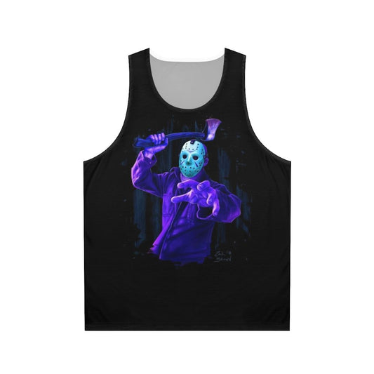 8-bit horror movie inspired unisex tank top with Jason Voorhees design