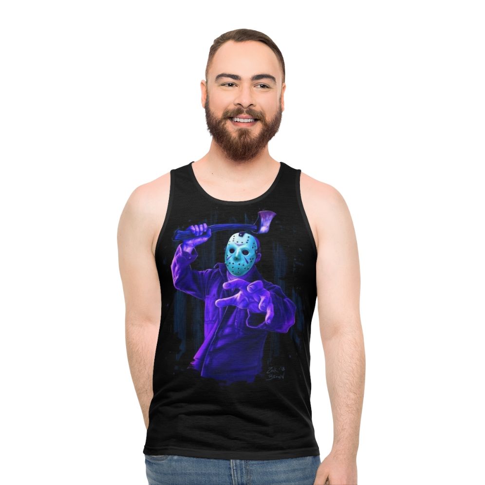 8-bit horror movie inspired unisex tank top with Jason Voorhees design