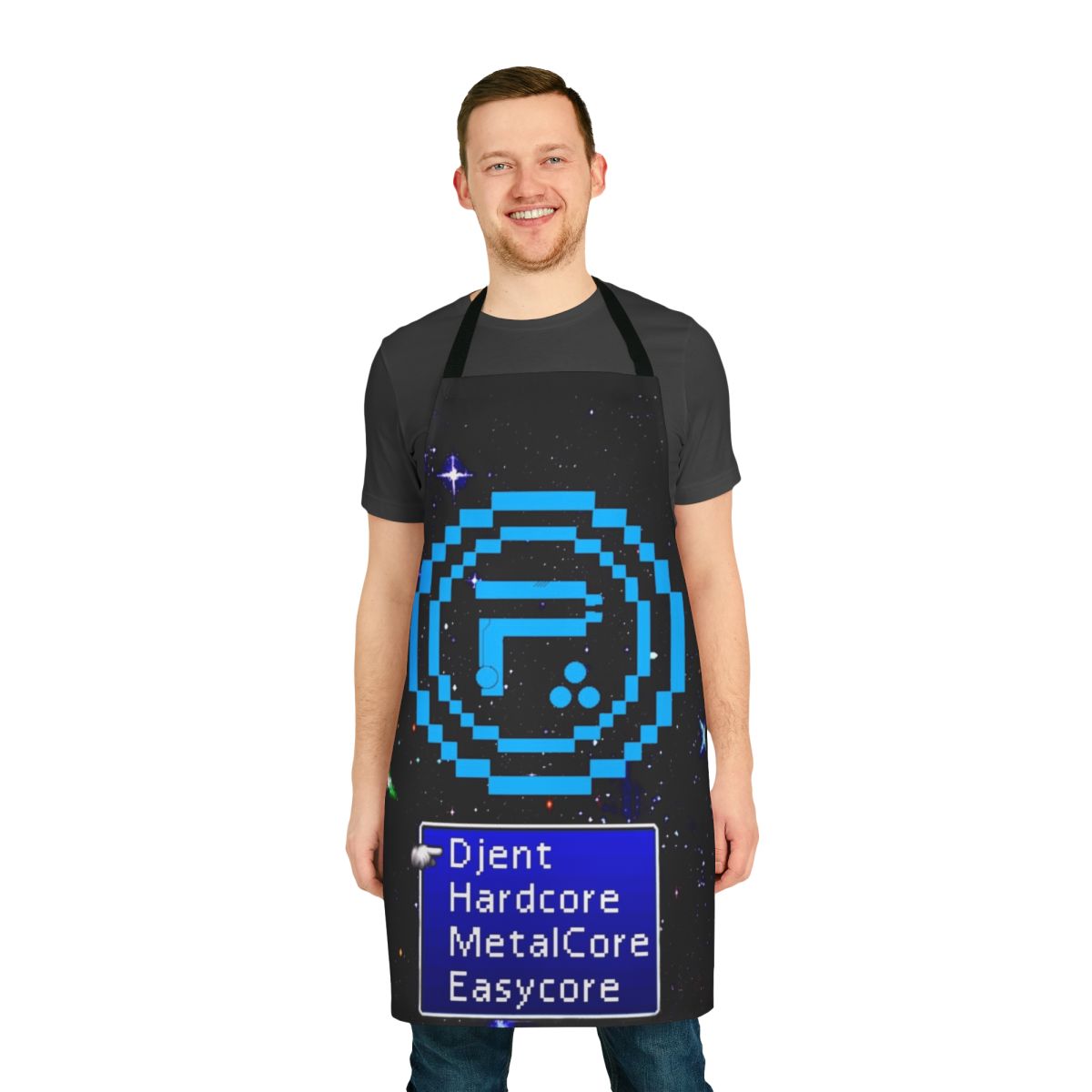 8-Bit Metal Inspired Cooking Apron with Periphery-Inspired Design