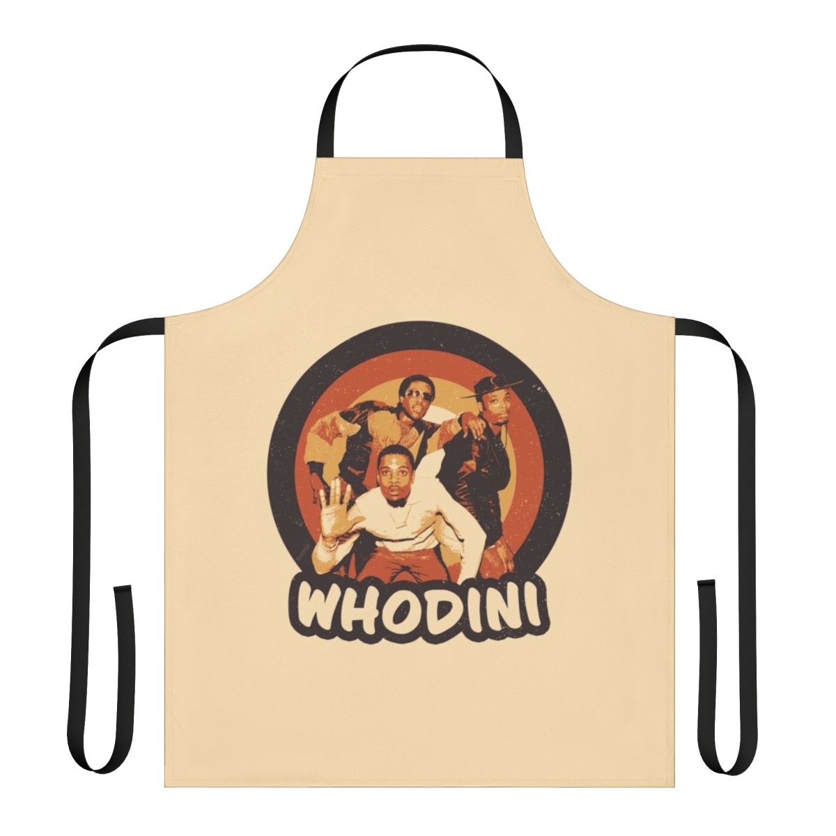 Stylized apron featuring 80s hip hop group Whodini logo and artwork