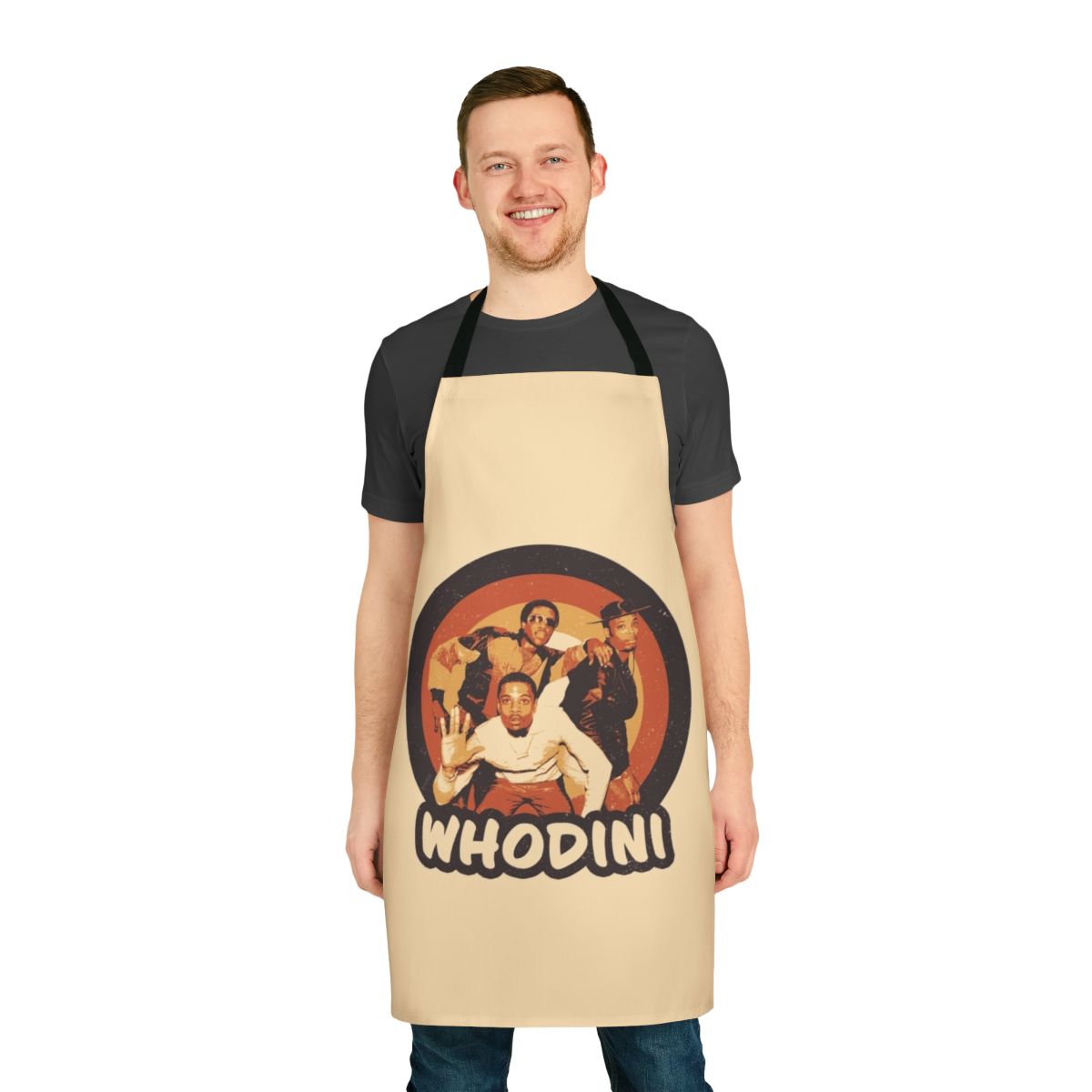 Stylized apron featuring 80s hip hop group Whodini logo and artwork