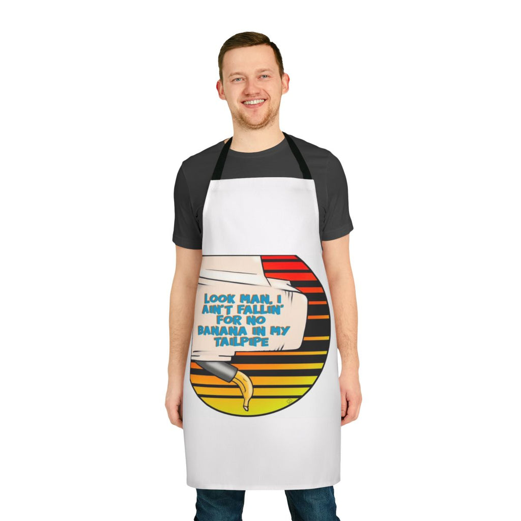 80s movie inspired humorous apron with "Banana In My Tailpipe" quote
