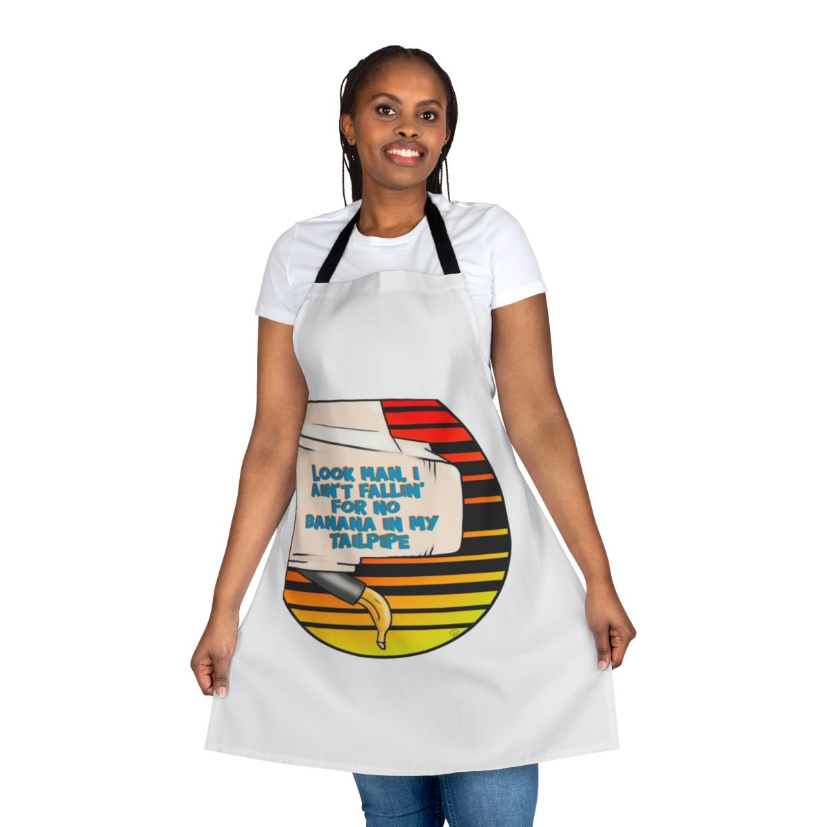80s movie inspired humorous apron with "Banana In My Tailpipe" quote