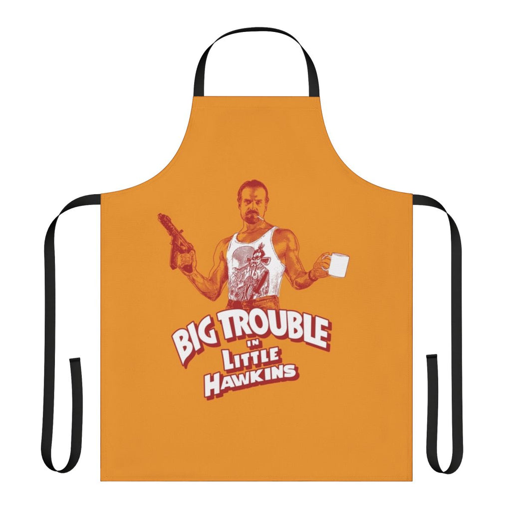 80s pop culture-inspired apron featuring designs from Big Trouble in Little China and Stranger Things