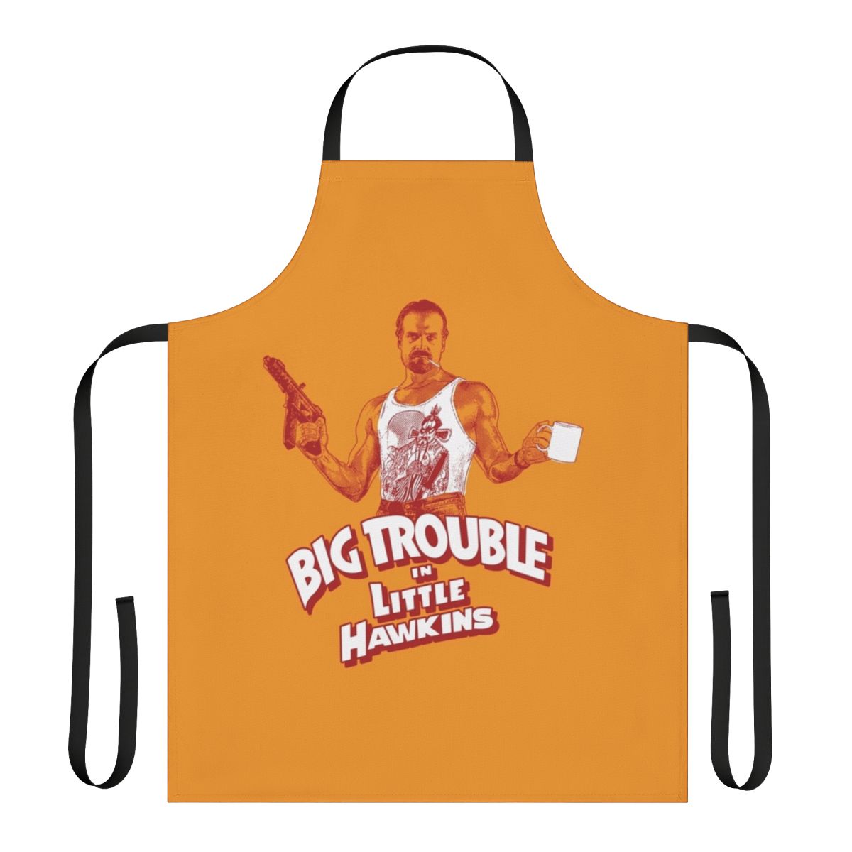 80s pop culture-inspired apron featuring designs from Big Trouble in Little China and Stranger Things