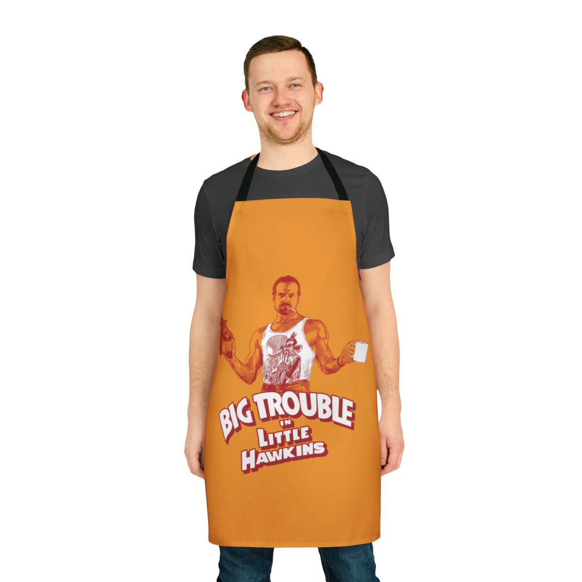 80s pop culture-inspired apron featuring designs from Big Trouble in Little China and Stranger Things
