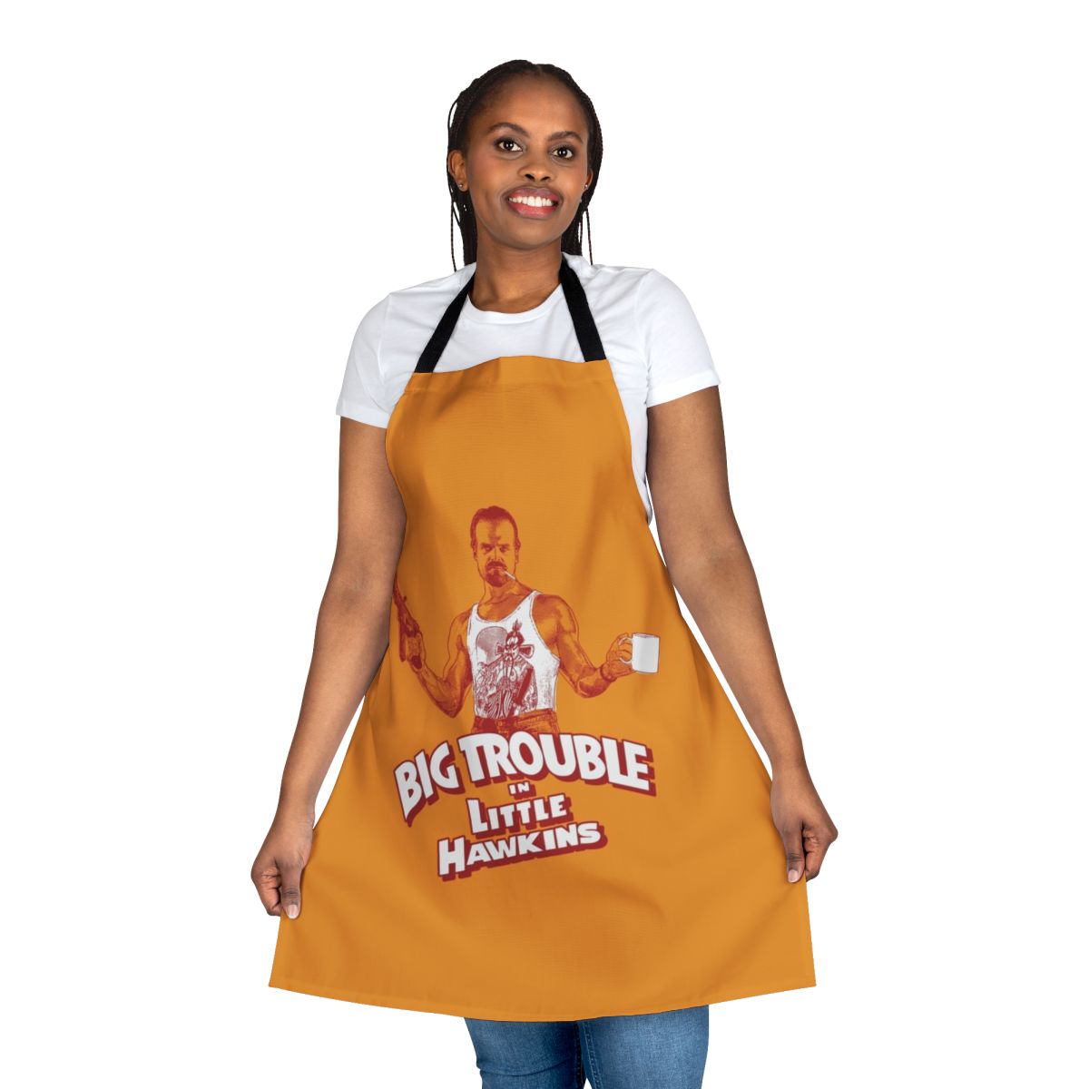 80s pop culture-inspired apron featuring designs from Big Trouble in Little China and Stranger Things