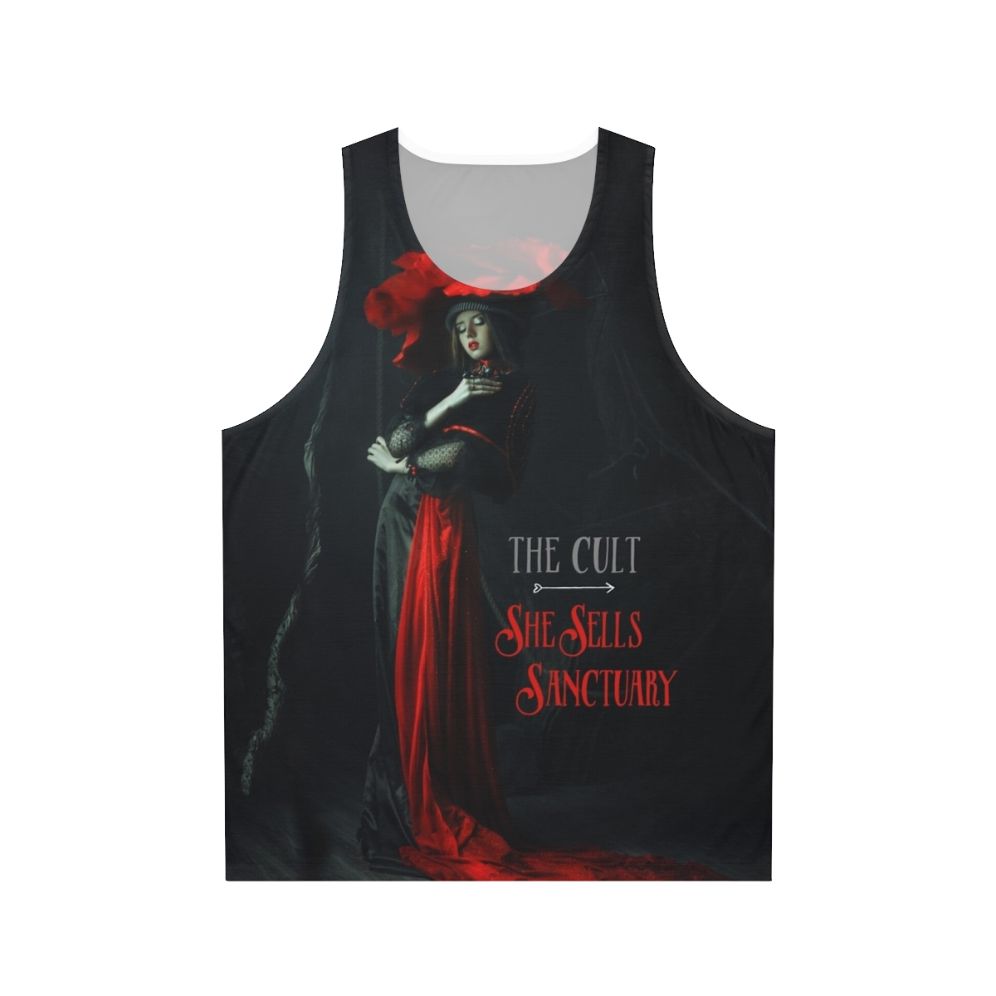 80s rock unisex tank top with "She Sells Sanctuary" by The Cult design