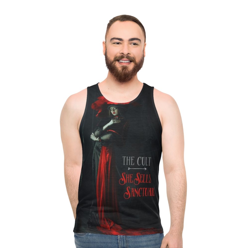 80s rock unisex tank top with "She Sells Sanctuary" by The Cult design