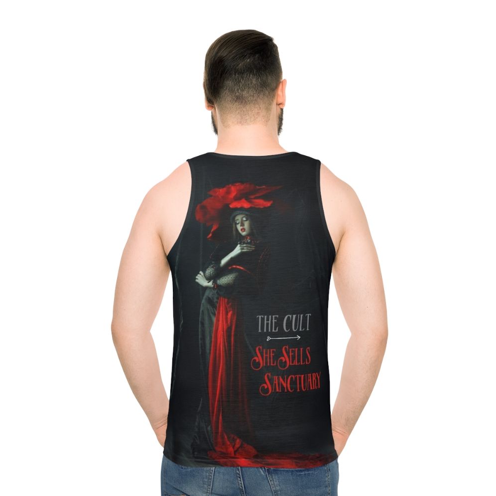 80s rock unisex tank top with "She Sells Sanctuary" by The Cult design
