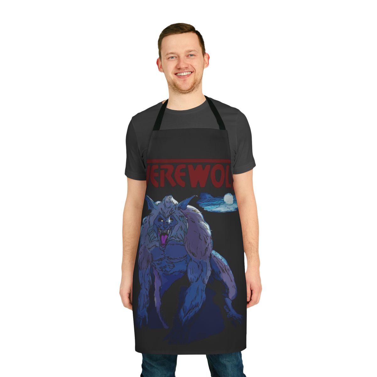 80s Werewolf Retro Apron featuring a classic 1980s werewolf design