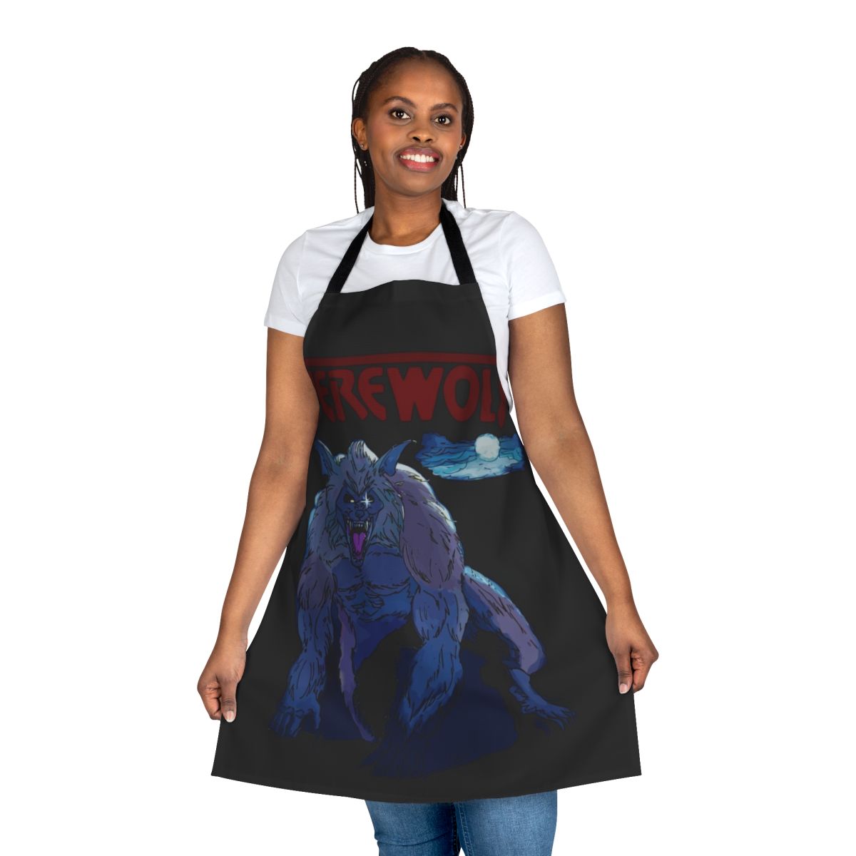 80s Werewolf Retro Apron featuring a classic 1980s werewolf design