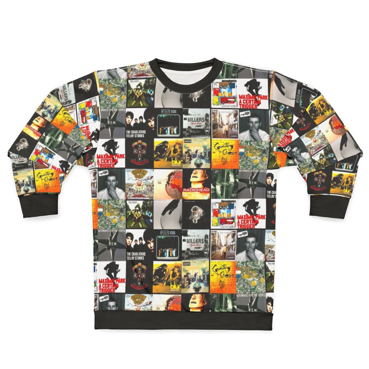 Vintage-style collage graphic of 90s and 00s indie and britpop album covers on a sweatshirt