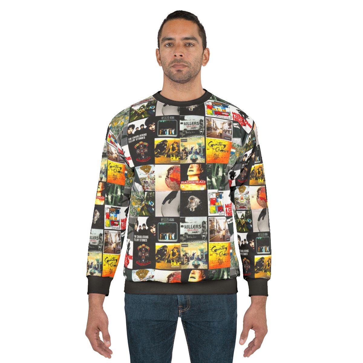 Vintage-style collage graphic of 90s and 00s indie and britpop album covers on a sweatshirt