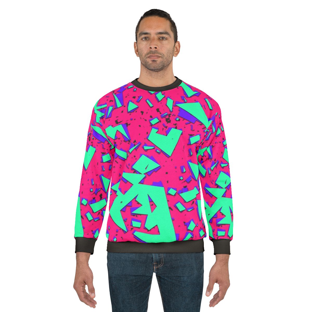 Retro 90s abstract geometric teal and pink sweatshirt