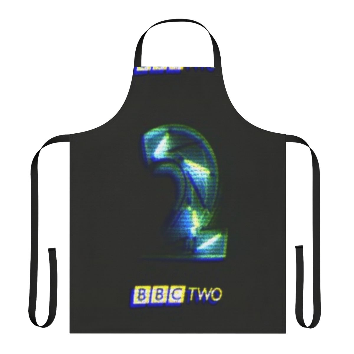 Neon-colored apron featuring the iconic BBC 2 logo, evoking the nostalgic 90s TV aesthetic.
