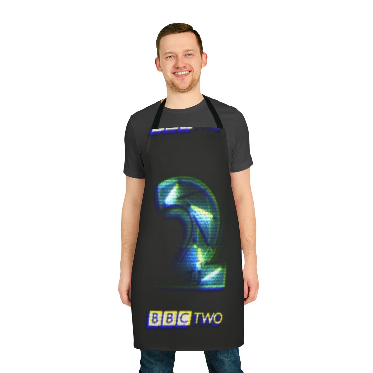 Neon-colored apron featuring the iconic BBC 2 logo, evoking the nostalgic 90s TV aesthetic.