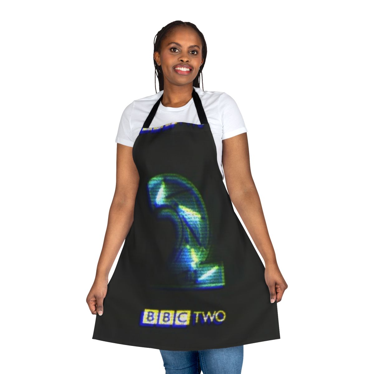Neon-colored apron featuring the iconic BBC 2 logo, evoking the nostalgic 90s TV aesthetic.