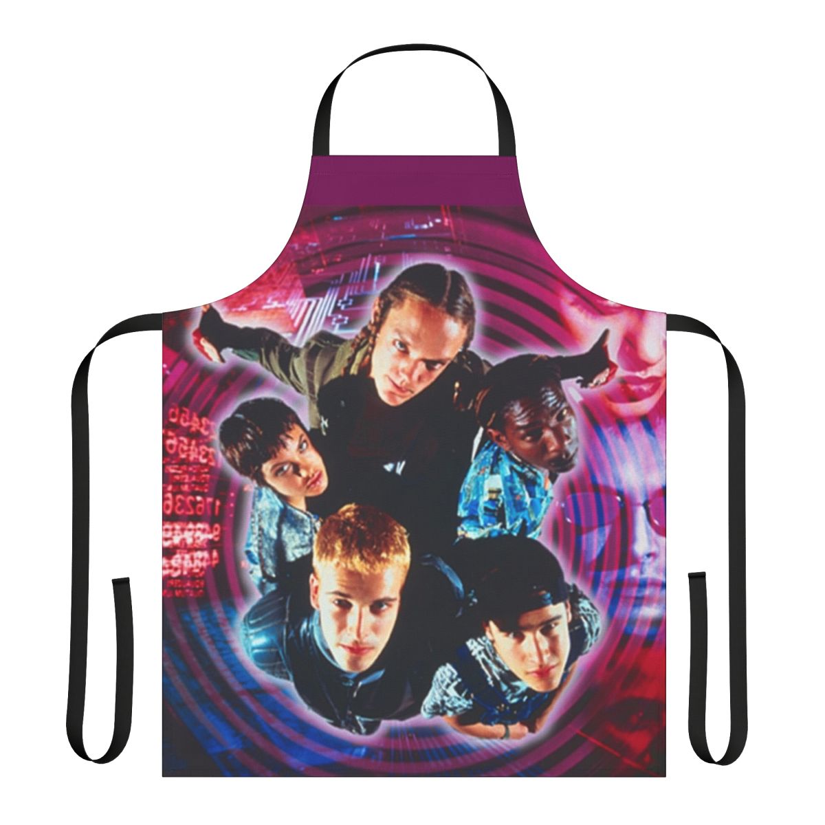A durable and stylish apron inspired by the iconic 1995 film Hackers, featuring a sleek black design.
