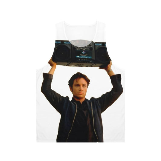 Chris Kattan holding a boombox in a 90s-inspired unisex tank top