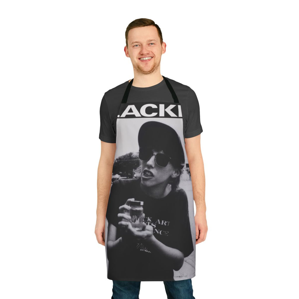 A retro-style apron with a slacker movie theme, featuring a cult cinema design