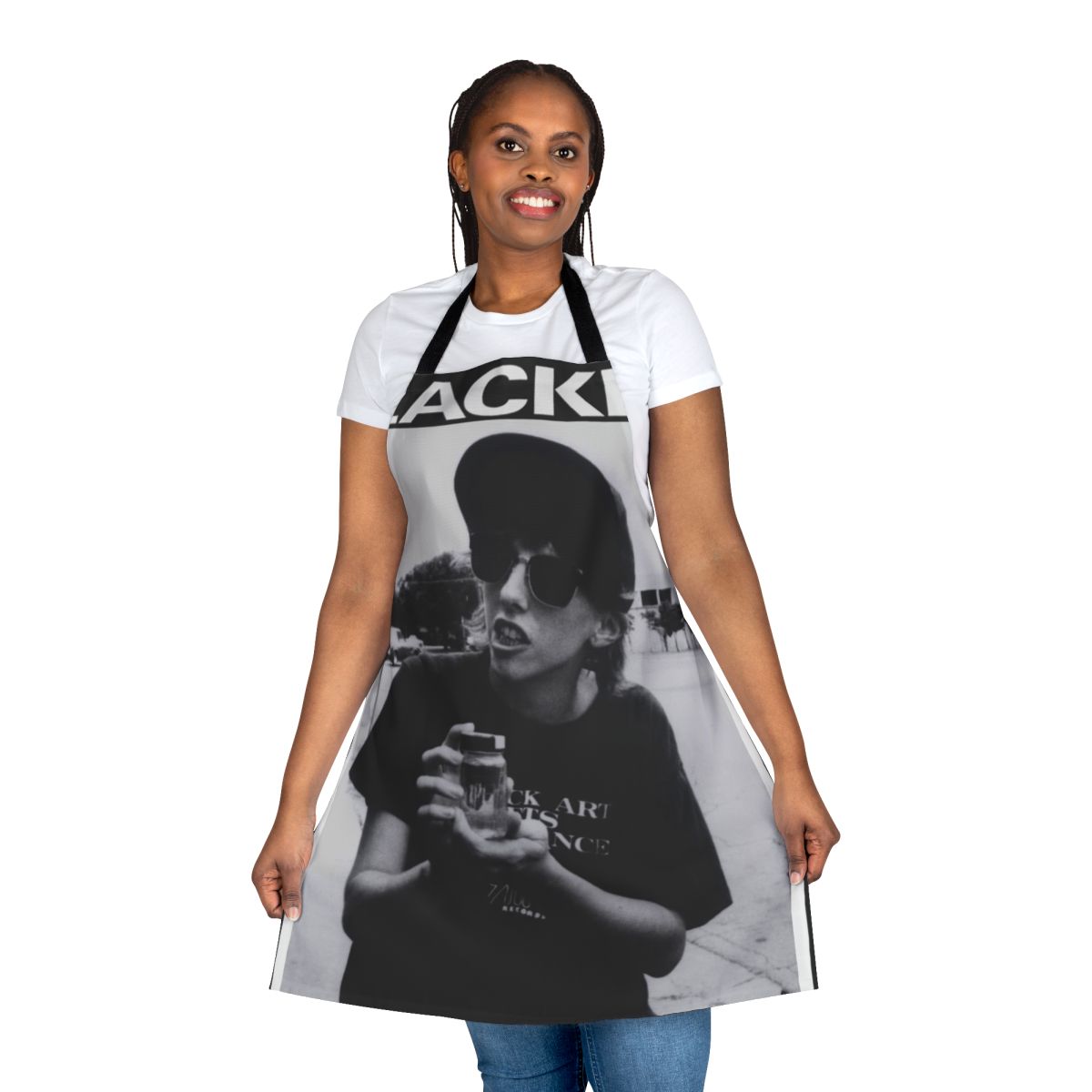 A retro-style apron with a slacker movie theme, featuring a cult cinema design