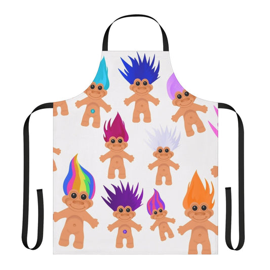 Vibrant apron featuring a classic 90s troll doll design with rainbow hair and a gem belly