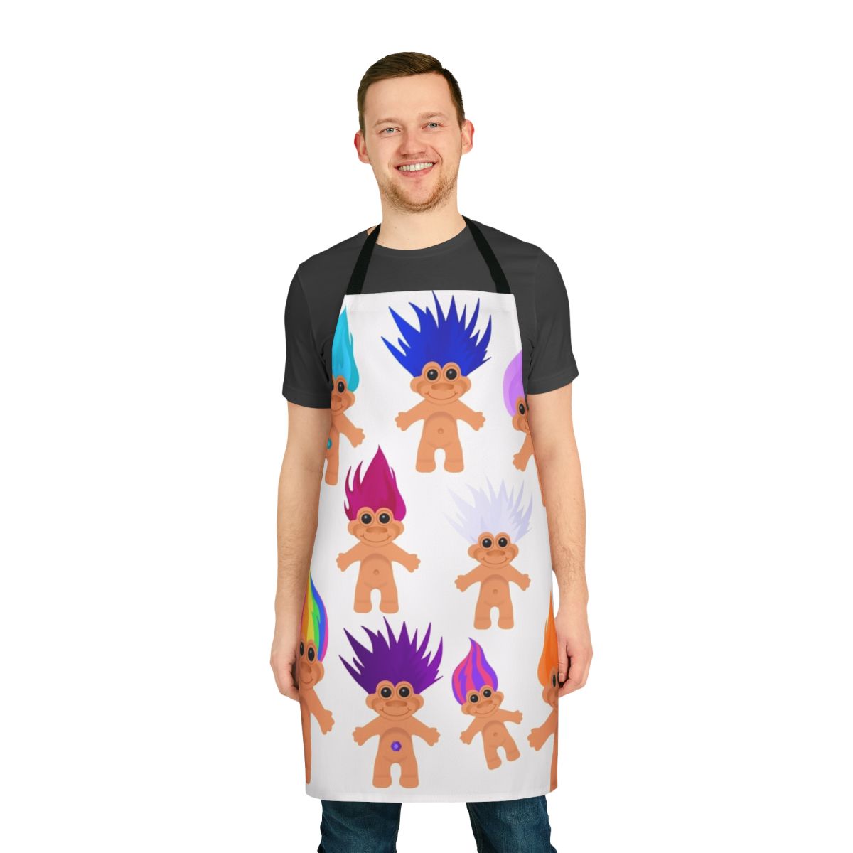 Vibrant apron featuring a classic 90s troll doll design with rainbow hair and a gem belly