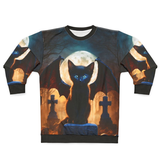 Black dragon kitten sitting in a graveyard on a sweatshirt